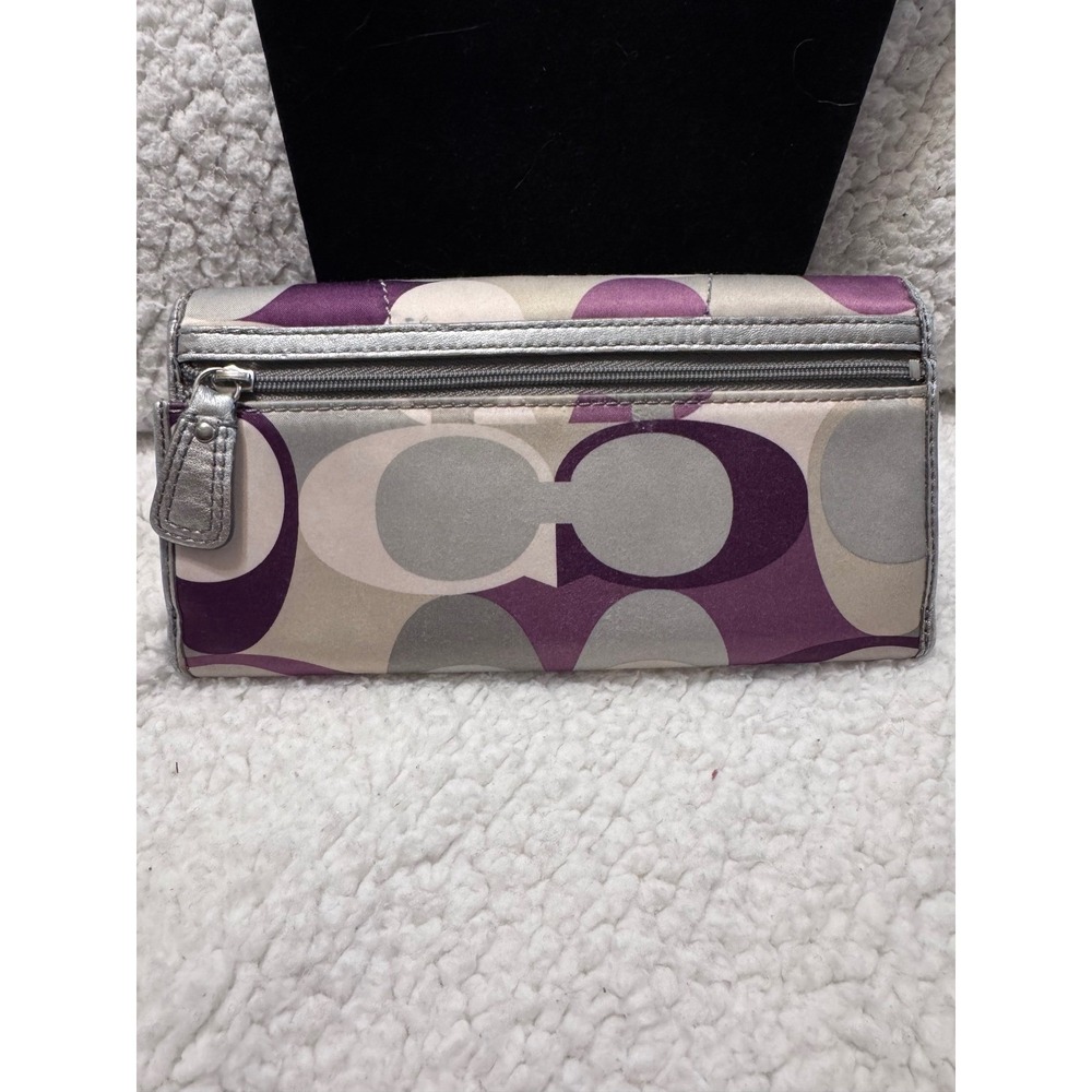 Coach Signature Optic Sateen Slim Envelope Wallet Purple Silver Buckle Flap - Picture 4 of 9